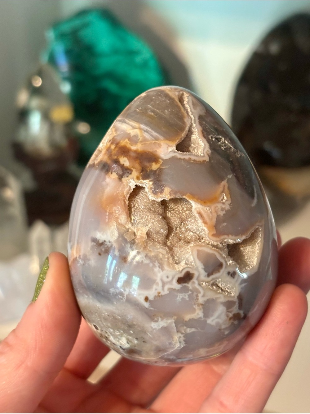 Druzy Ocean Jasper Geode Egg ~400g – Natural Crystal Cavities & Polished Egg